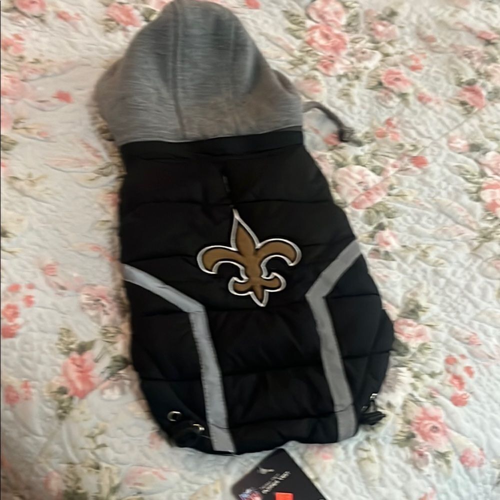 Black and Gray Hooded Dog Jacket with Fleur-de-lis